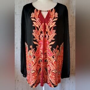 JM Collection Sheer Sleeve Paisley Print Jeweled Neck Women's Size 3X NWT